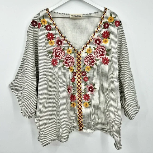 Savanna Jane Floral Embroidered Cotton Boxy Relaxed Striped Pullover Top Size 3X - Picture 2 of 8